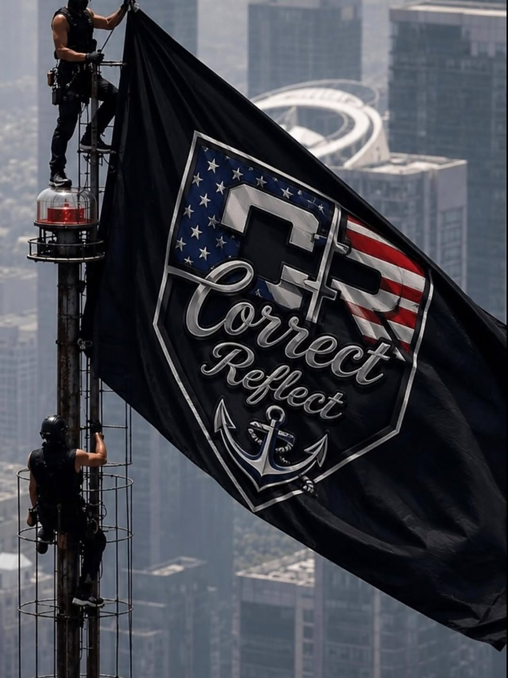 Correct Reflect flag flying above a crew working aloft, downtown Miami skyline behind